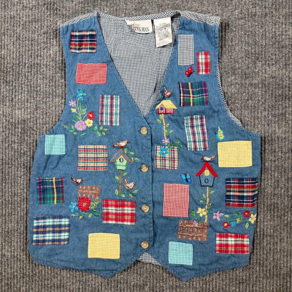 Casey & Max Womens Medium Blue Denim Patchwork Embroidered Birdhouse Vest Cotton